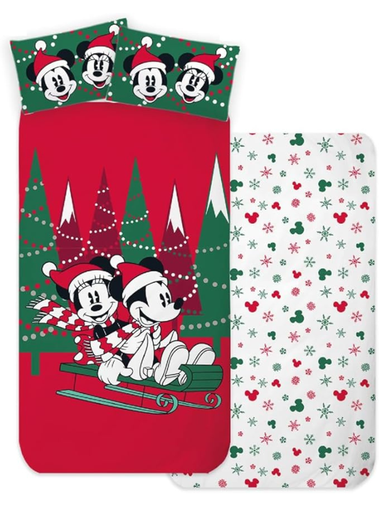 DISNEY - Completo letto MICKEY MOUSE NATALE 100% Cotone - Singolo