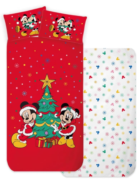 DISNEY - Completo letto MICKEY MOUSE NATALE 100% Cotone - Singolo