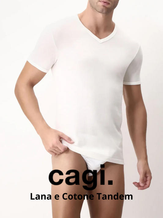 CAGI -  T-shirt Uomo Scollo a V in Lana e Cotone - 5329